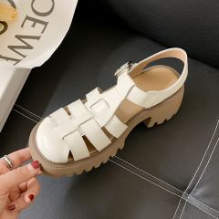 真皮罗马凉鞋女高跟鞋夏季外穿高级感时尚厚底包头编织猪笼女鞋